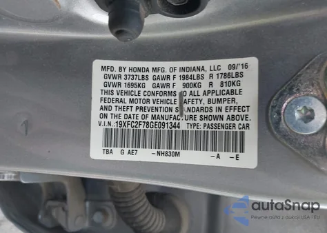 2016 Honda Civic Ex из США, поврежденный, VIN 19XFC2F78GE091344